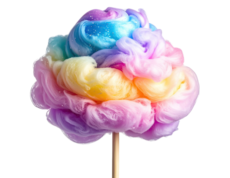 Vibrant, multi-colored fluffy treat on a wooden stick against a black backdrop
