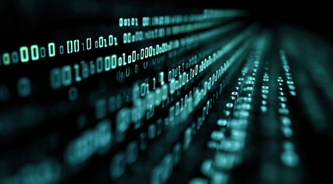 Lines of glowing binary code cascade in a dark setting, creating a visual representation of data flow typical in computing and digital technology.