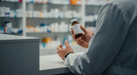 Closeup of a male pharmacists hands holding a brown pill bottle at the pharmacy counter.