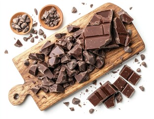 Dark chocolate pieces & chips on wood board, top view