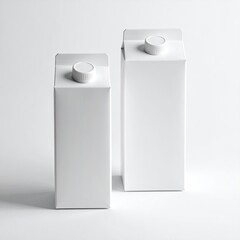 Two white, blank milk cartons stand on a white surface