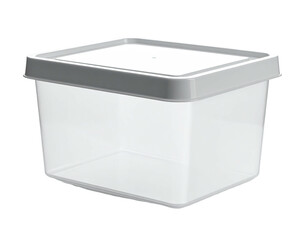 A clear, square plastic container with a light grey lid, set against black