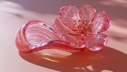 Pink glass flower, flowing accent on peach surface, shadows
