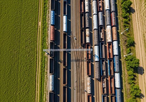 Overhead drone view of freight trains stretching into the horizon with parallel tracks dividing fields and wagons aligned in cinematic geometric transport scene