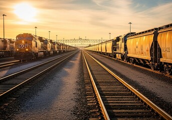 Obraz premium Train yard at dawn with freight wagons illuminated by golden light and long industrial shadows stretching across rails in cinematic atmospheric morning scene