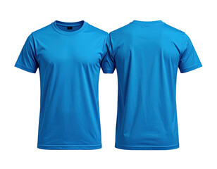 Front and back view of a plain, bright blue short-sleeved, round-neck shirt