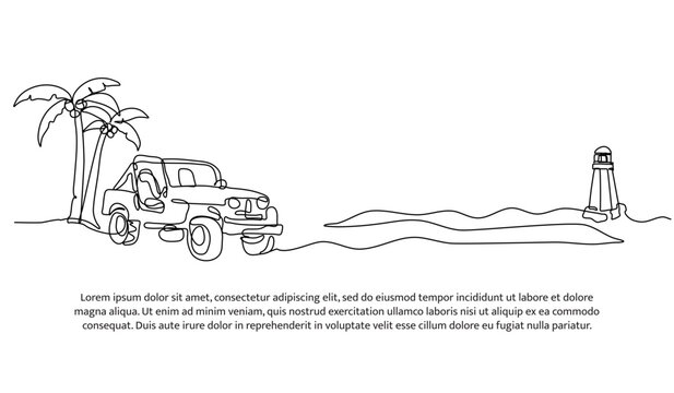 Continuous line design of jeep on the beach. Single line decorative element drawn on white.