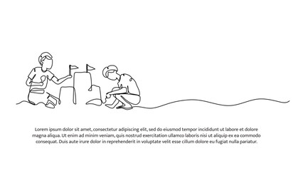 Fototapeta premium Continuous line design of two boy making sand castles on the beach. Single line decorative element drawn on white.