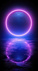 Glowing neon circle reflecting on dark, textured surface