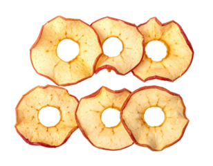 Six dried apple slices arranged on a black background, showing inner holes
