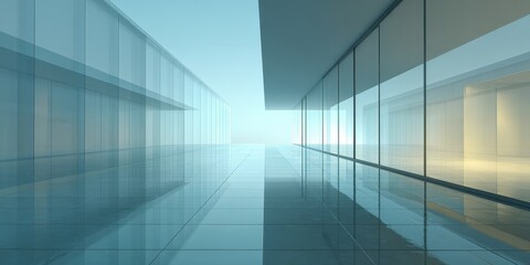 Obraz premium Long modern minimalist glass corridor with bright light at the end.
