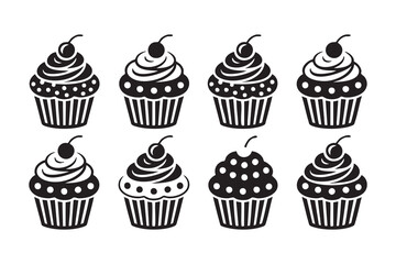 Assorted Cupcakes with Frosting and Cherries Black White Graphic Design