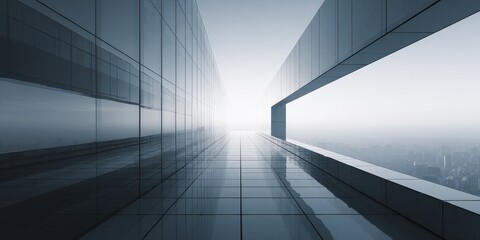 Fototapeta premium Modern minimalist glass architecture balcony overlooking a hazy city skyline.