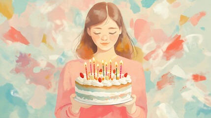 A young girl holding a birthday cake with candles, smiling softly against a colorful background