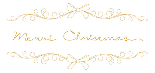 Elegant line art illustration of a Merry Christmas greeting with decorative bows and swirling ornaments above and below the text, The design is minimal, modern, and festive, perfect for holiday cards