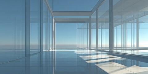 Fototapeta premium Bright Modern Minimalist Glass Interior with Reflective Floor and Sky View