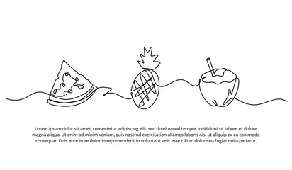Continuous line design of watermelon,pineapple and coconut on the beach. Single line decorative element drawn on