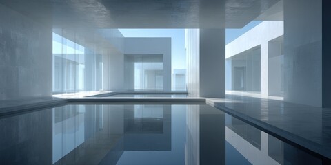 Obraz premium Serene modern architectural interior with reflective pool, glass walls and minimalist design.