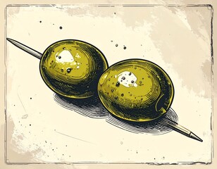 Two olives on a toothpick, vintage style