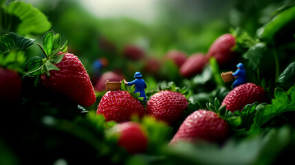 Tiny blue-uniformed workers harvest strawberries amid vibrant green leaves in an expansive field filled with ripe fruit