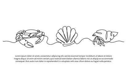 Continuous line design of hermit crab, crab and pearl oyster. Single line decorative element drawn on white.