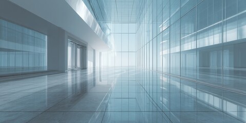 Obraz premium Modern minimalist glass architecture interior with sleek design and ample light.