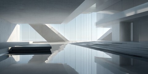 Obraz premium Serene Modern Architectural Interior with Reflective Water and Geometric Forms