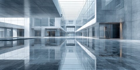 Obraz premium Spacious modern architectural lobby with reflective floor and skylight