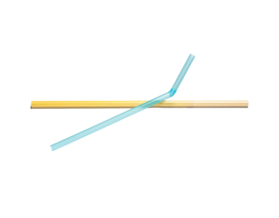 An angled, transparent blue tube crosses a straight gold one against black