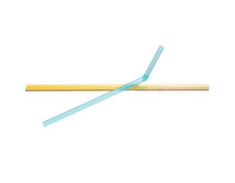 An angled, transparent blue tube crosses a straight gold one against black
