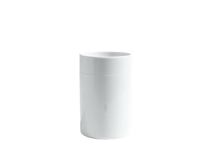 A cylindrical, matte white container with a fitted lid, against a black background