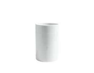 A cylindrical, matte white container with a fitted lid, against a black background