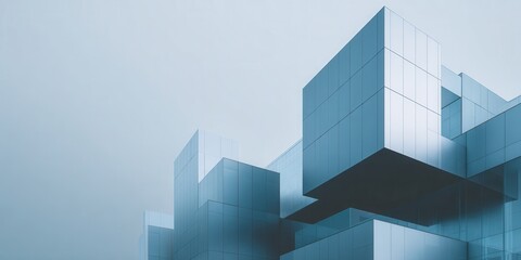 Fototapeta premium Modern Minimalist Glass Cube Architecture Against Blue Sky