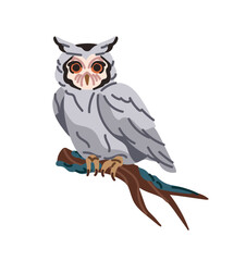 Wild eagle owl sits on branch. Cute owlet is on tree. Night bird of prey of forest. Woodland wildlife. Polar hunter with wings. Arctic fauna. Flat isolated vector illustration on white background