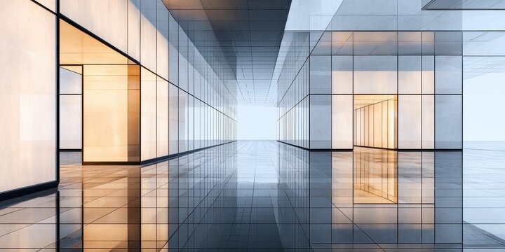 Abstract modern minimalist architectural space with symmetrical lines and glowing light.