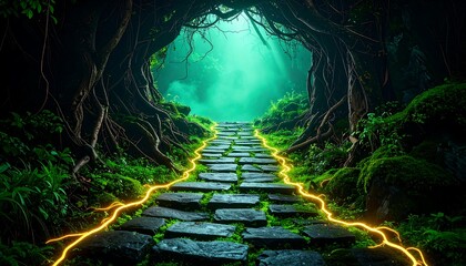 Mysterious Forest Pathway Leading to Green Light with Glow