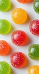 Colorful, round, sugary candies arranged on a white surface