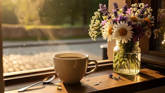 Warm morning coffee by the window with flowers. Seamless looping 4K video background