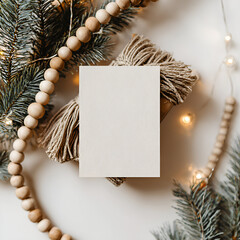 Rustic Christmas mockup with wooden beads, pine branches, and blank invitation card