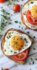 Toasted bread with fried egg, tomato, and herbs