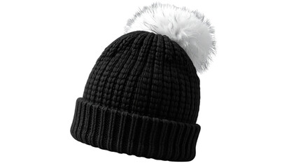 Angled Side View of Black Pom-Pom Beanie