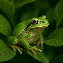 Obraz premium Tree Frog Resting Among Green Leaves in Natural Light