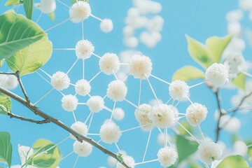 Connected white spheres, network among green leaves and sky