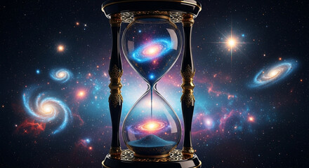 An hourglass filled with swirling galaxies and stars, symbolizing the passage of time and the vastness of the universe, a cosmic concept
