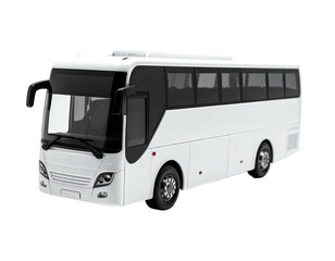 White passenger bus, side view, with dark windows, against a black background