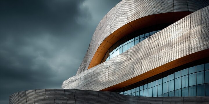 Contemporary curved building facade with metallic panels and reflective windows