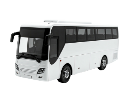 White passenger bus, side view, with dark windows, against a black background