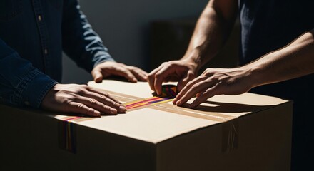 Two People Sealing a Cardboard Box with Colorful Tape CloseUp.