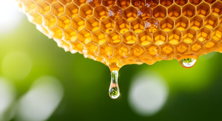 Golden Sweetness A Bee's Delight Honeycomb Drips with Natural Goodness Healthy Food Close Up of Honey Dripping from a Honeycomb Against Blurry Green Background 180chr
