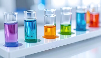 Colorful Liquids in Test Tubes on White Rack in Laboratory Research Setting, Close Up of Violet, Blue, Orange, Green, Red Liquids in Tubes Scientific Analysis